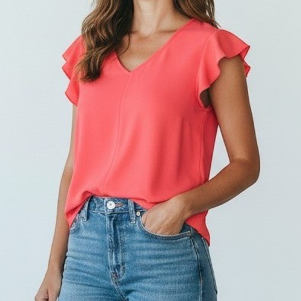 Ann Taylor Mixed Media Flutter Sleeve V-Neck Top in Pink XL
